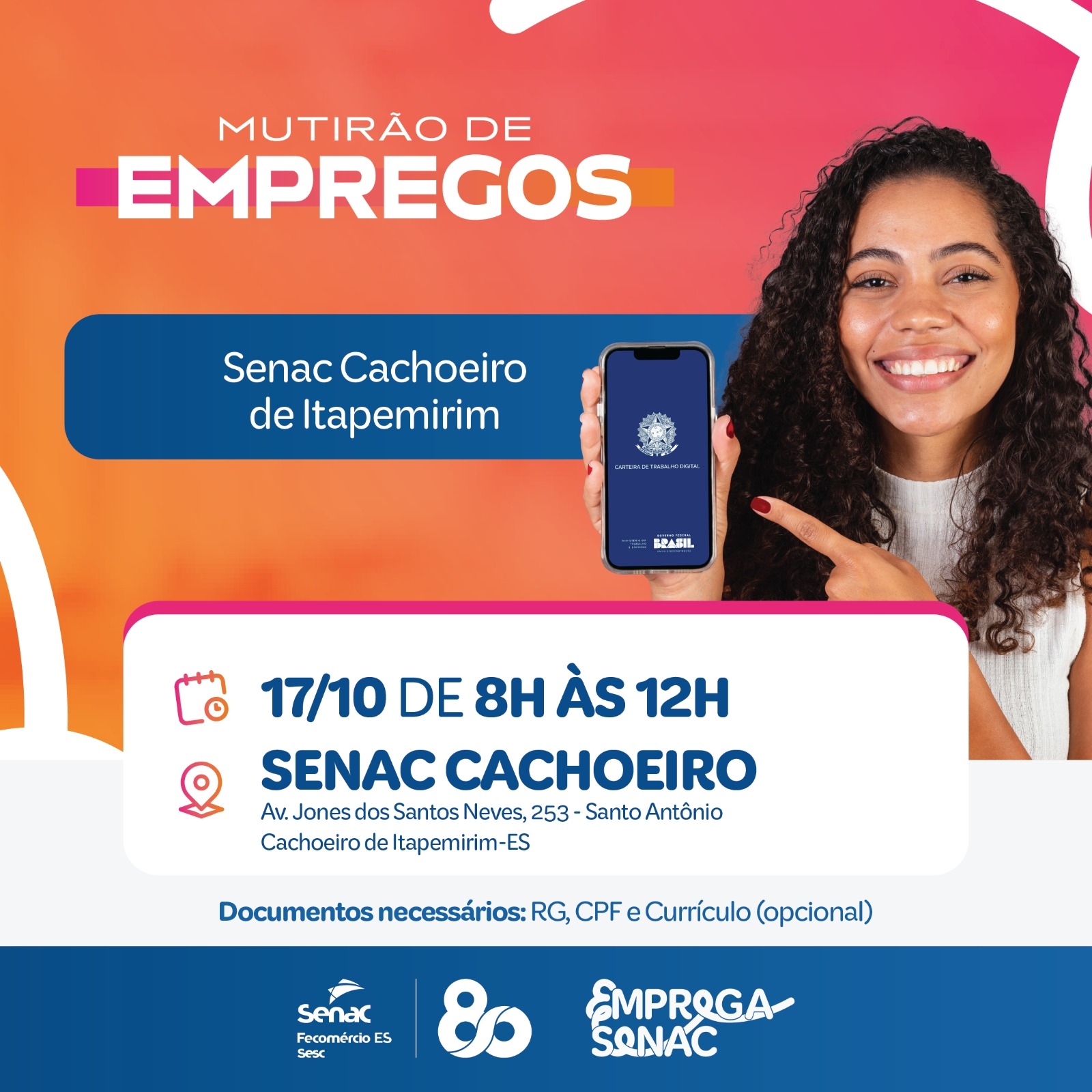 Mais de 200 vagas já confirmadas para o Mutirão de Empregos do Senac-ES em Cachoeiro de Itapemirim, no próximo dia 17
