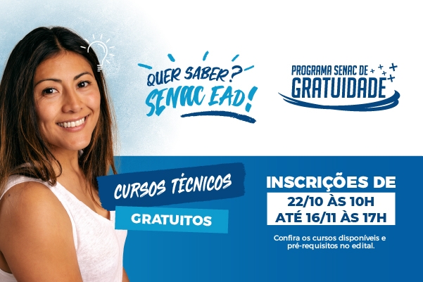 Senac-ES abre 80 vagas gratuitas para nove cursos técnicos EAD; inscrições vão até 16 de novembro