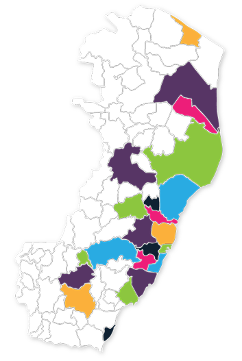 Mapa do Espírito Santo com programas sociais do Senac